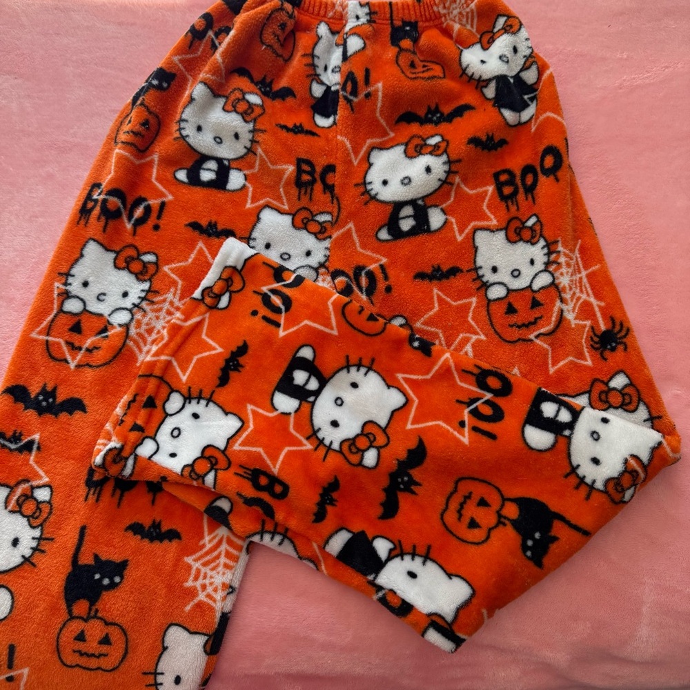 Hello Kitty Halloween Orange Black Fluffy Pajama PJ Pants Warm Cozy